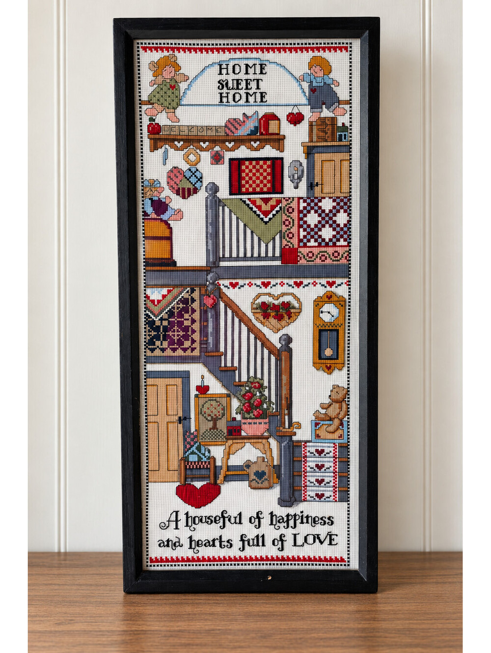 Vintage 2000 Home Sweet Home Framed Cross Stitch Sampler Folk Art Needlework